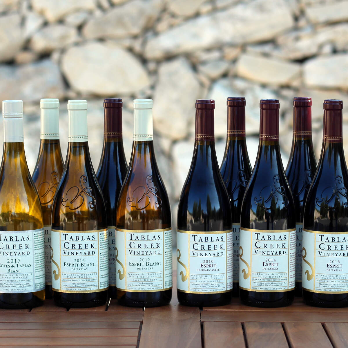 A lineup of wines from Tablas Creek winery