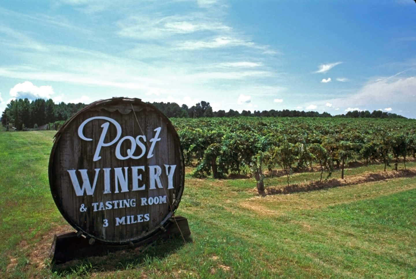 Post winery sign in an Arkansas vineyard