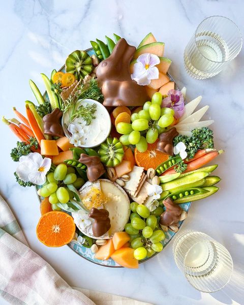 A color coordinated Easter charcuterie board