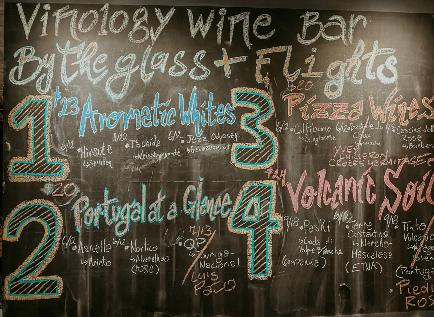 a chalkboard menu from Vinology, on a list of Houston wine bars