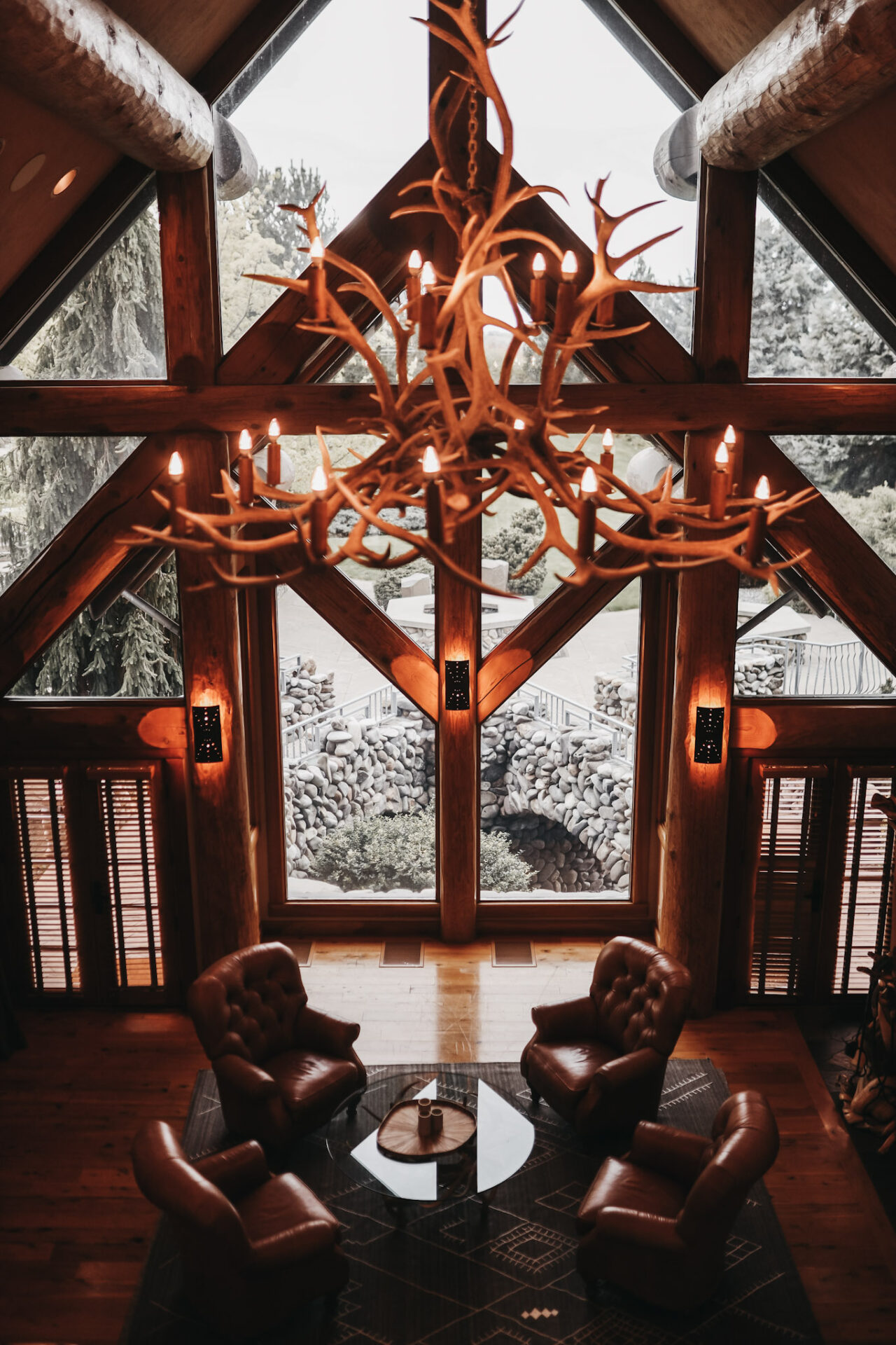 Yellowhawk reception area with deer horn chandelier