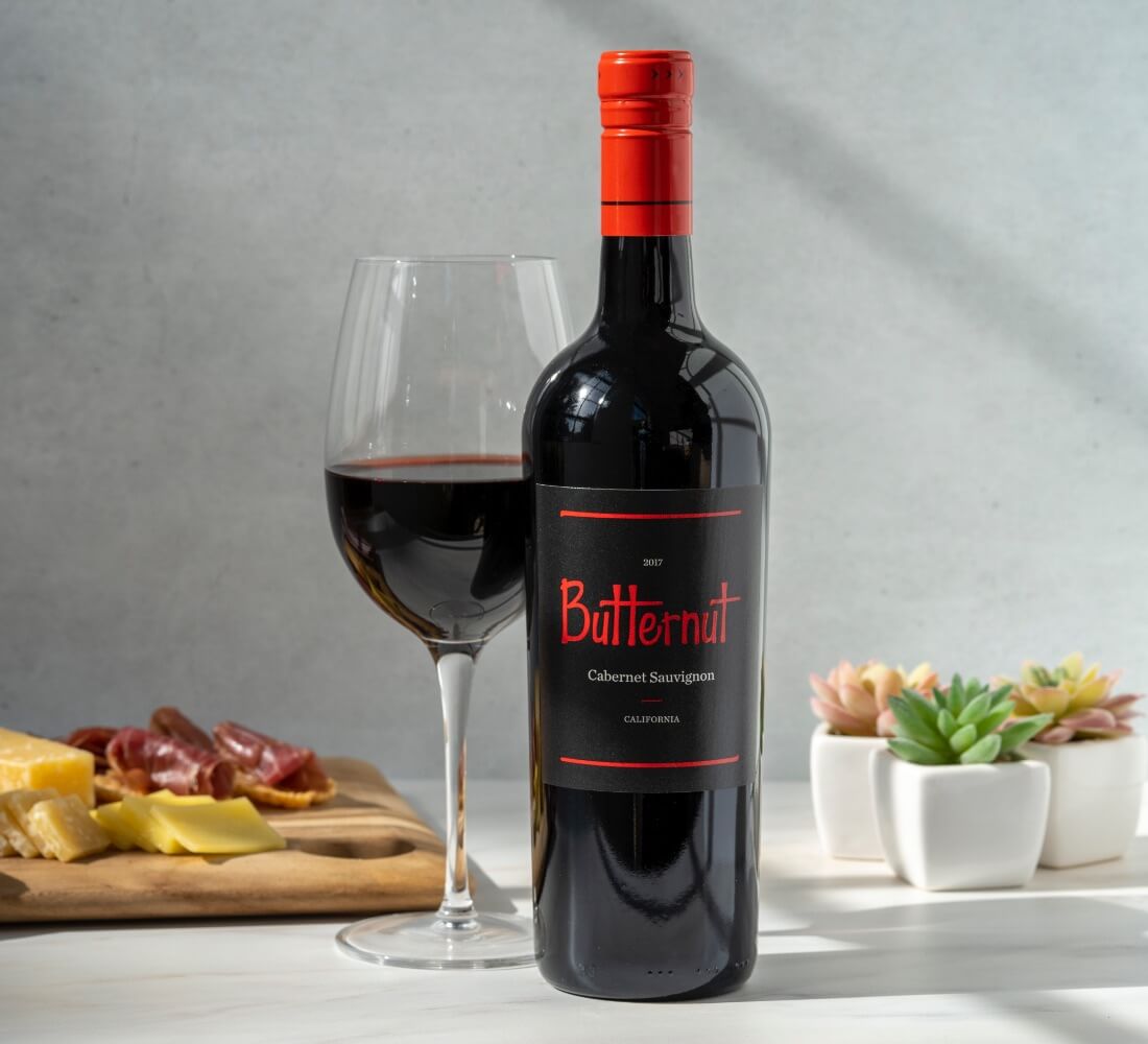 Butternut Wines Cabernet Sauvignon bottle with a wine glass