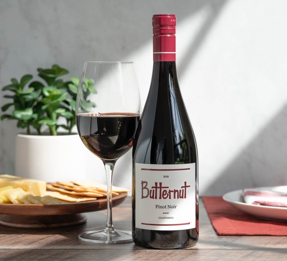 Butternut Wines Pinot Noir bottle with a wine glass