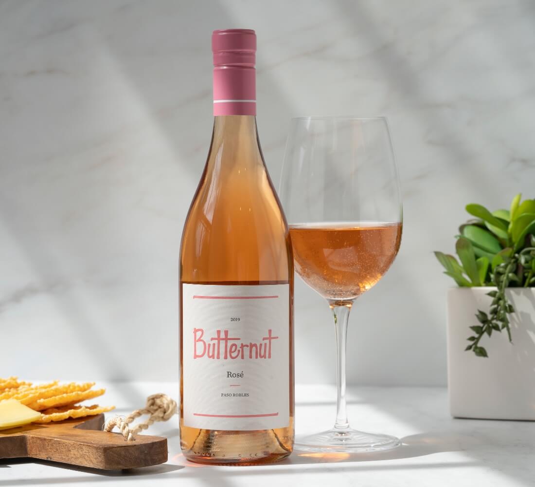 Butternut Wines Rosé bottle with a wine glass