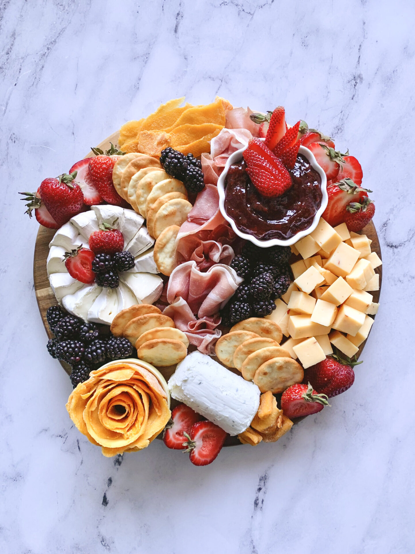 Aldi Charcuterie Board brie cheese crackers mango rose jam