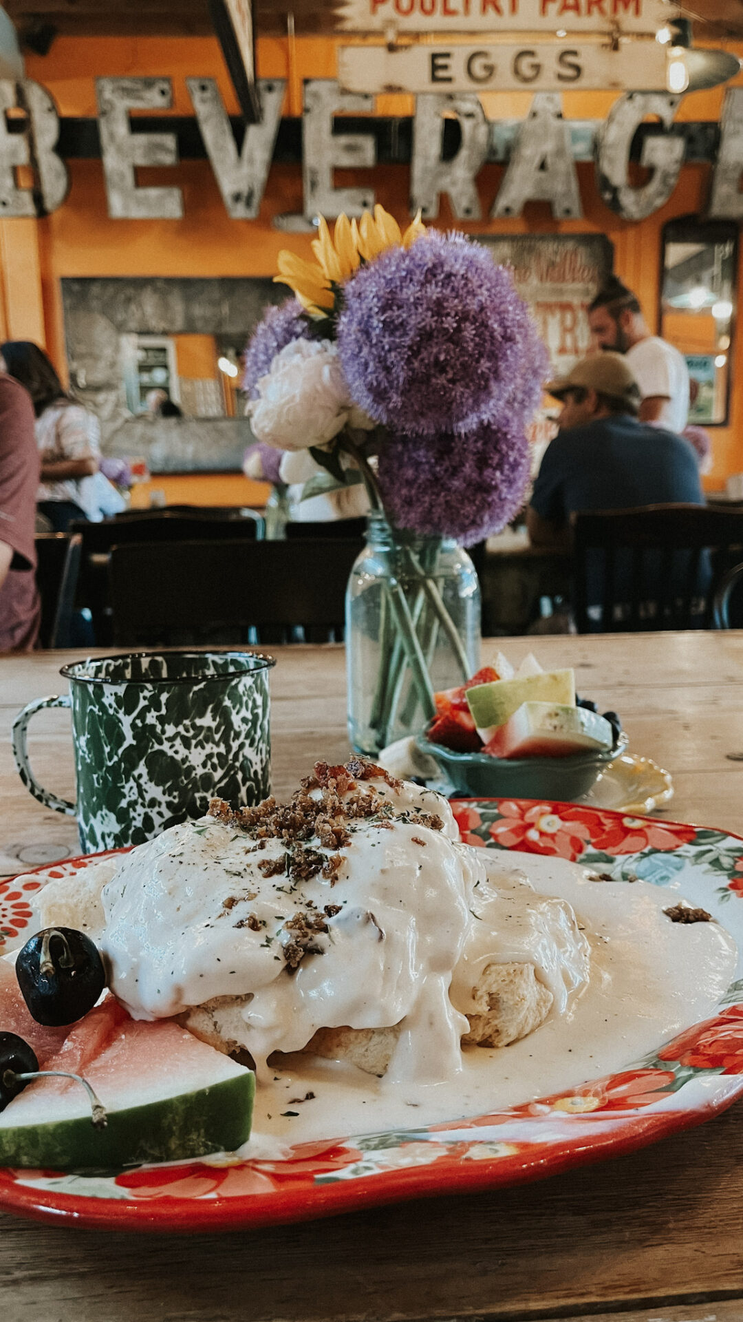 Breakfast at Big City Cafe in Boise Idaho - Biscuits and Gravy with tea