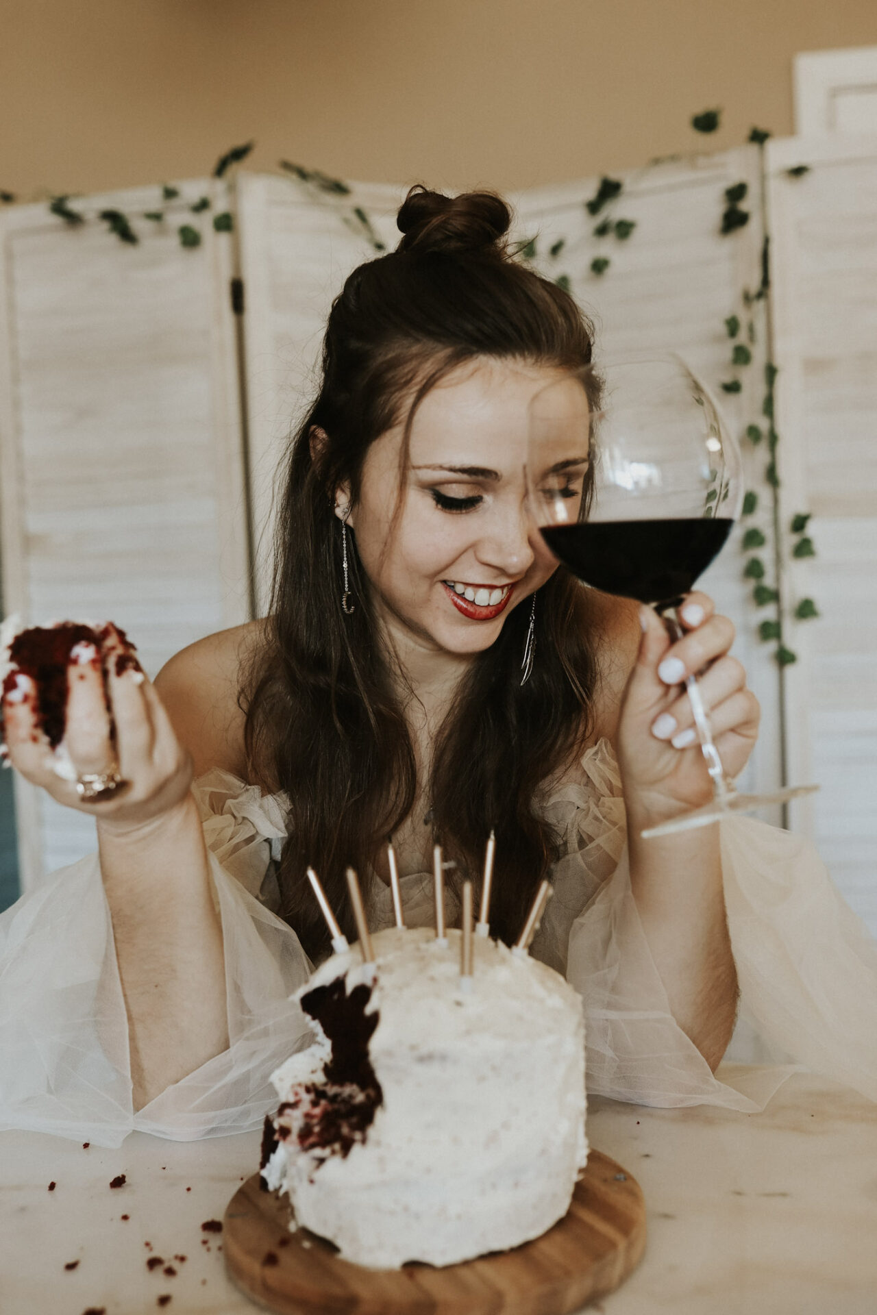 Paige with chocolate wine and cake birthday