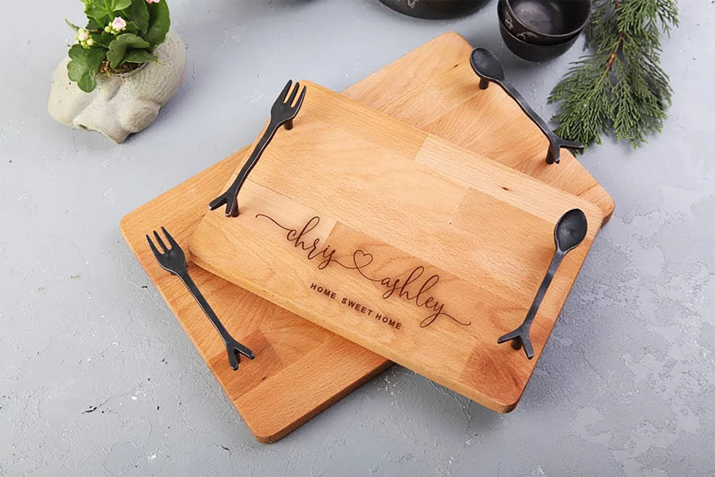 Charcuterie Board with Fork and Spoon Handles via MiklaGiftStore on Etsy