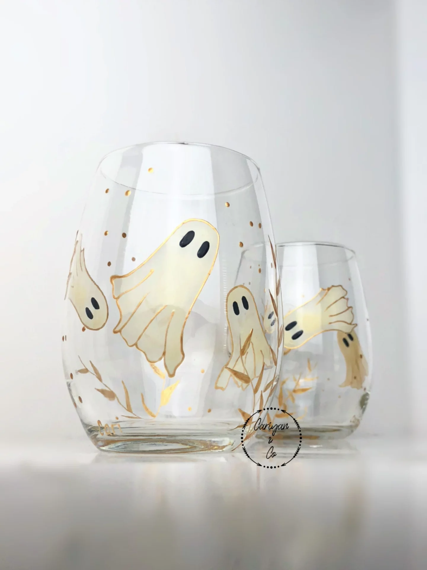 Hand painted stemless wine glasses with cute ghosts