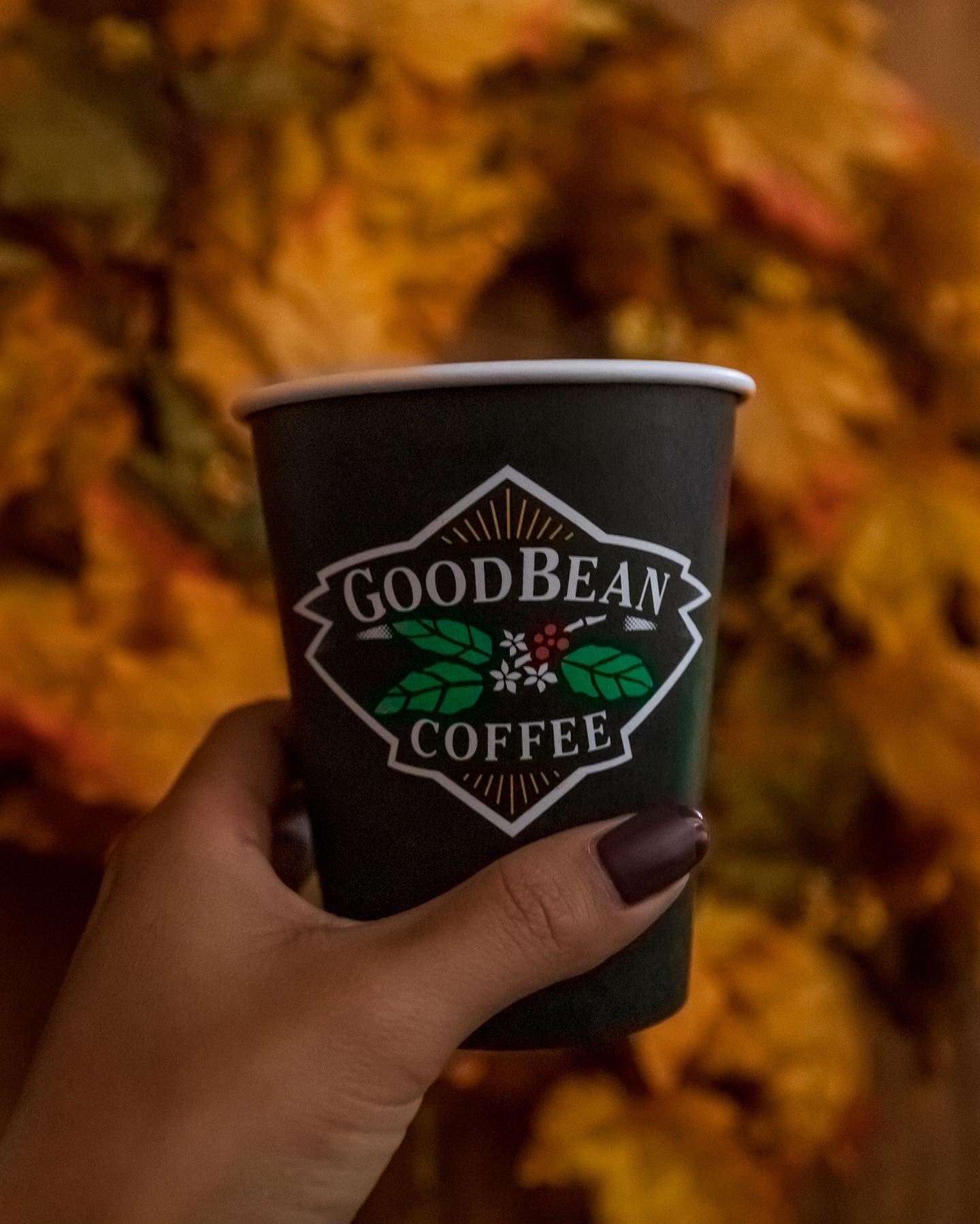 Hand holding coffee outside GoodBean Coffee in Jacksonville Oregon