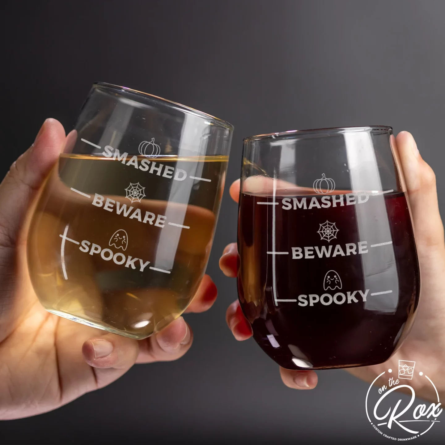 Spooky to Smashed etched Halloween stemless wine glasses - set of two
