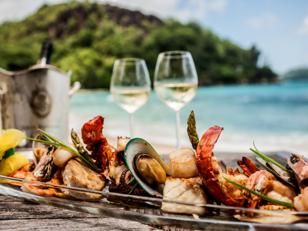 Riesling wine and food pairing - seafood with a waterview