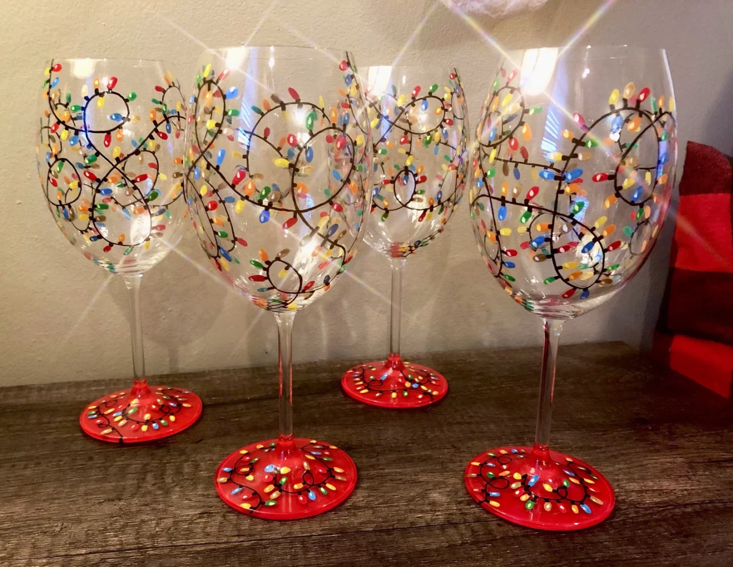 wine glasses with hand painted Christmas lights