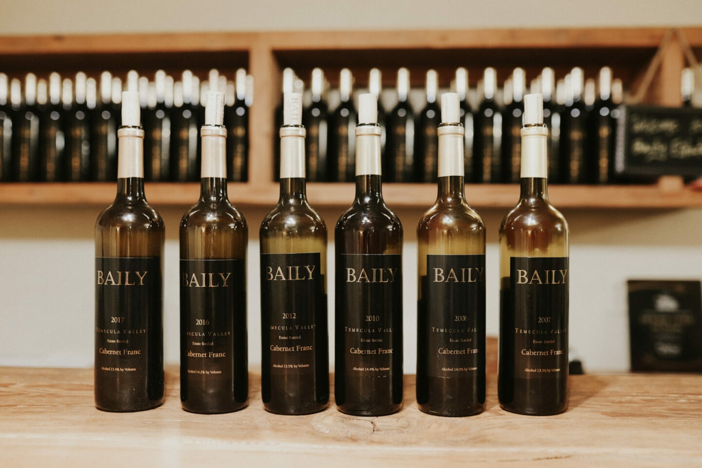 Bailey vertical tasting - 2007 to 2017 Cabernet Franc wine bottles