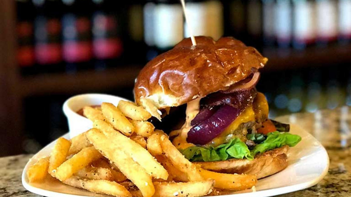 A plated burger and fries