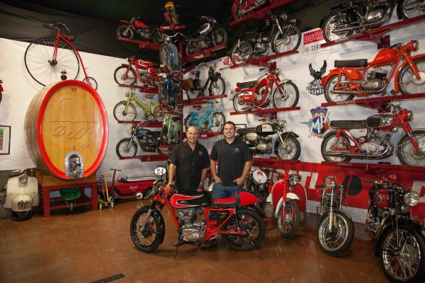 Doffo winery owners surrounded by moto bike wall in Temecula