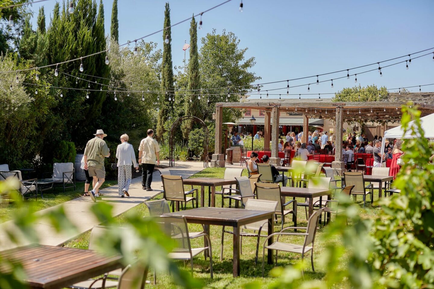 Outdoor patio and entertainment area at Europa Village, Temecula, CA