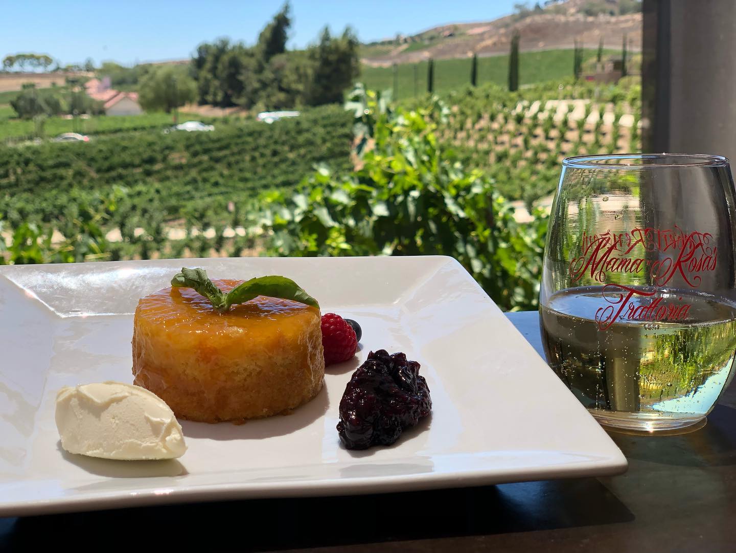 Flan plated in front of view of vineyard vines