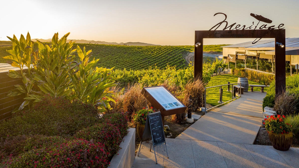 Outdoor dining area overlooking hills and vineyard