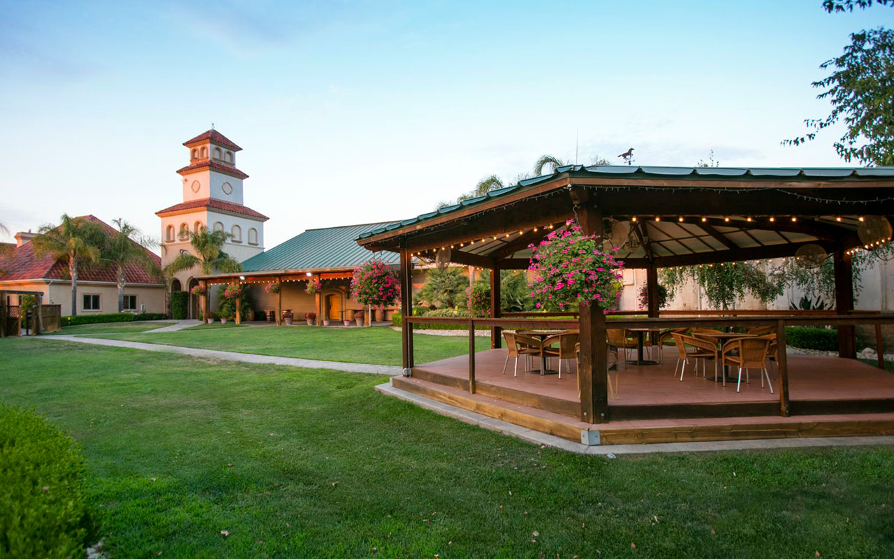 View of gardens and gazebo at South Coast Winery in Temecula, CA