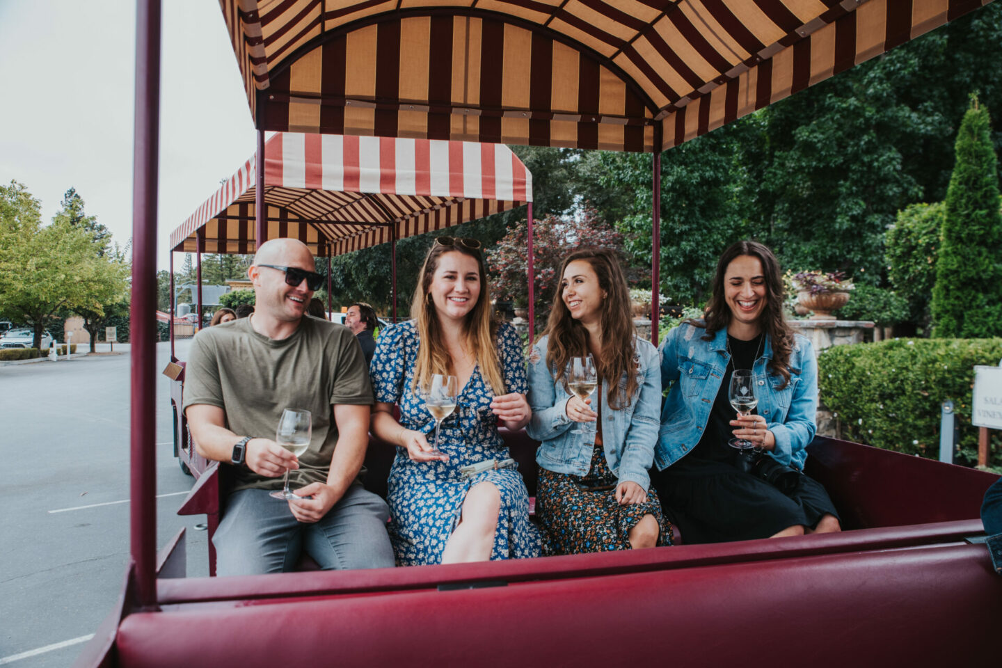 Paige and friends enjoying a ride on a wine trolley in Alexander Valley