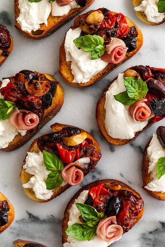 Bruschetta with Seared Tomatoes, Roasted Garlic Burrata