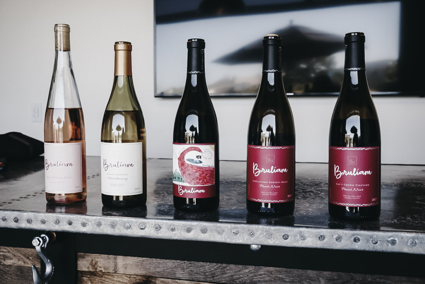 An assortment of wine bottles form Bruliam Wines in Sebastopol, CA