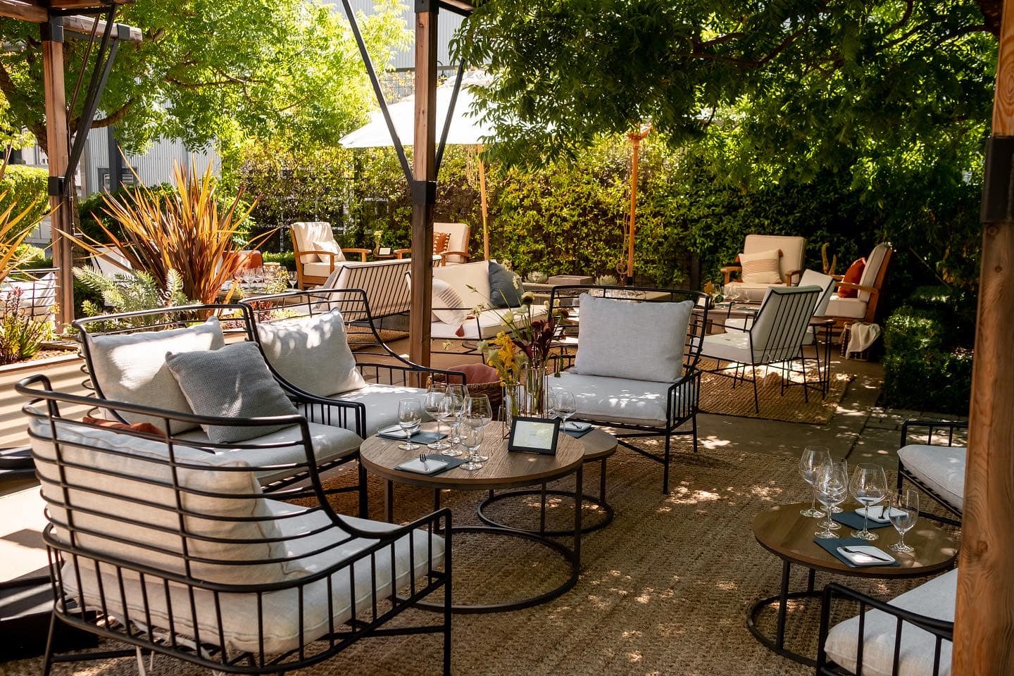 Outdoor garden patio seating area at Kosta Browne Winery