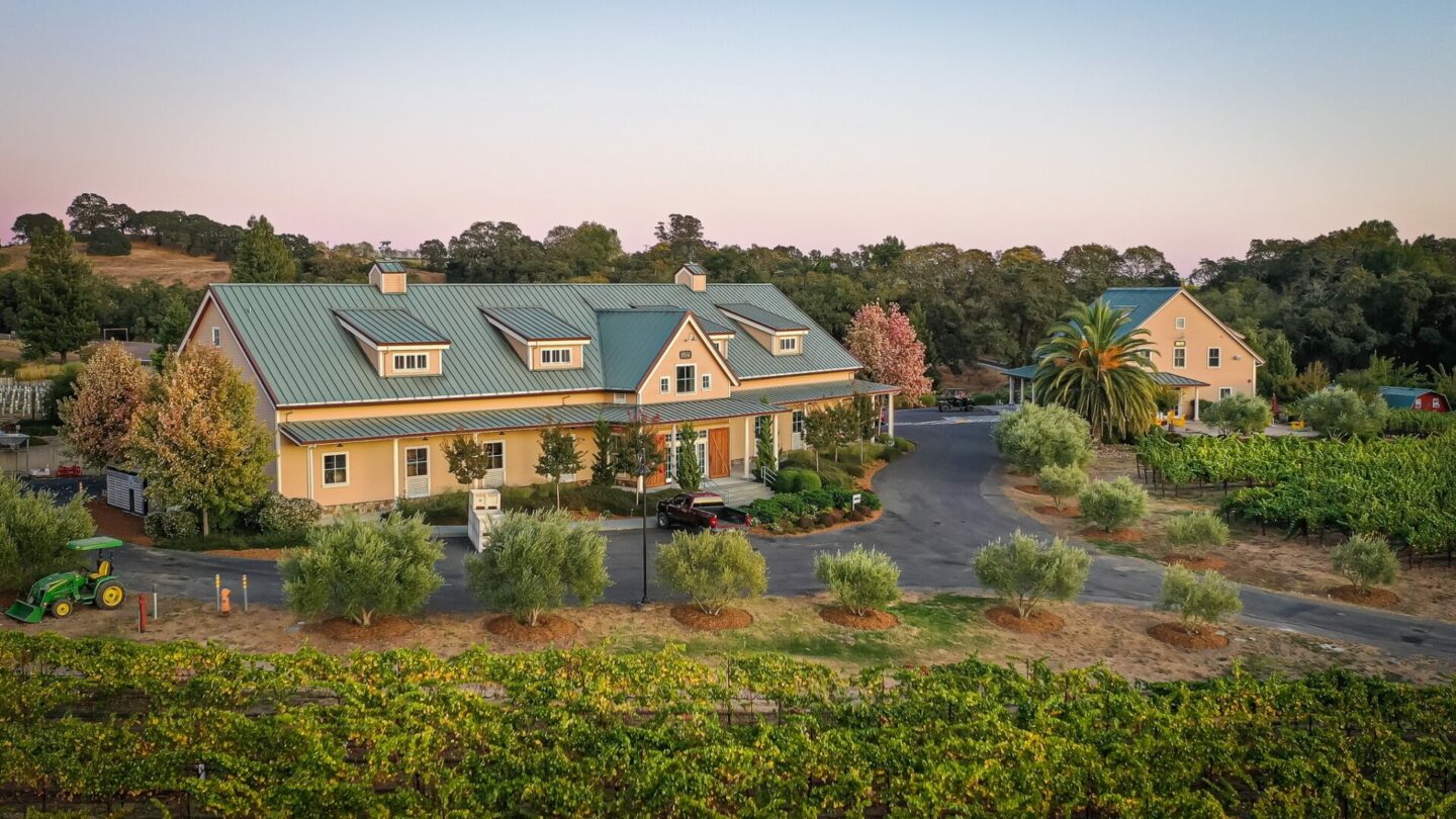 Ariel shot of Merriam Vineyards taken at sunset