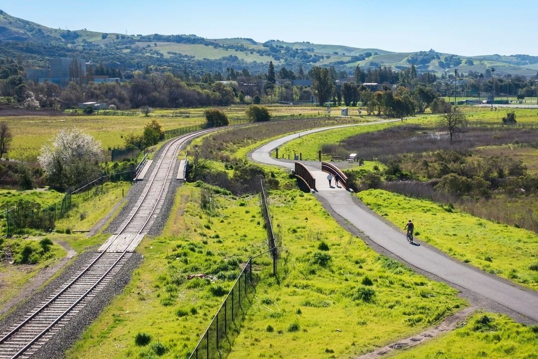 Ariel view a biker on the Napa Valley Vine Trail