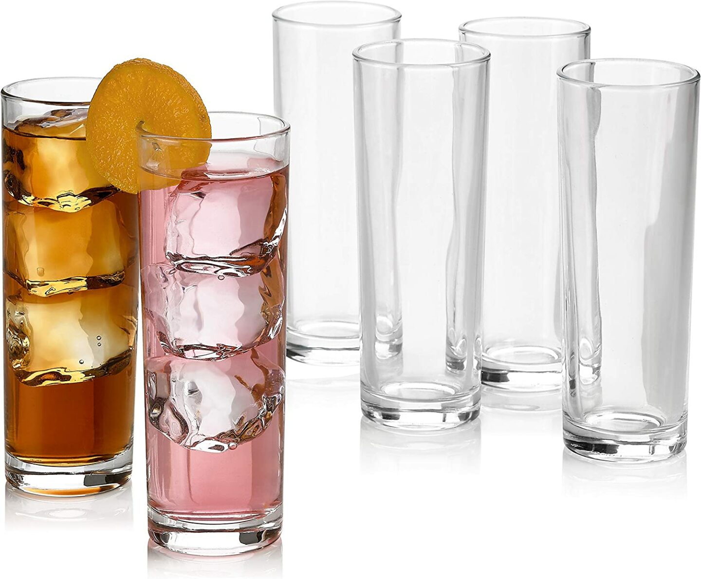 Set of six highball glasses, two of which are holding a cocktail