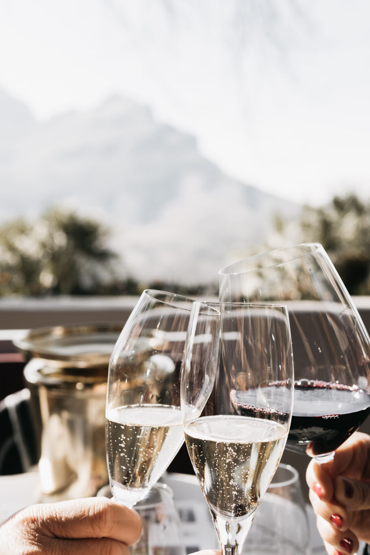 Prosecco vs Champagne - A glass of prosecco and champagne and red wine cheersing in front of mountains