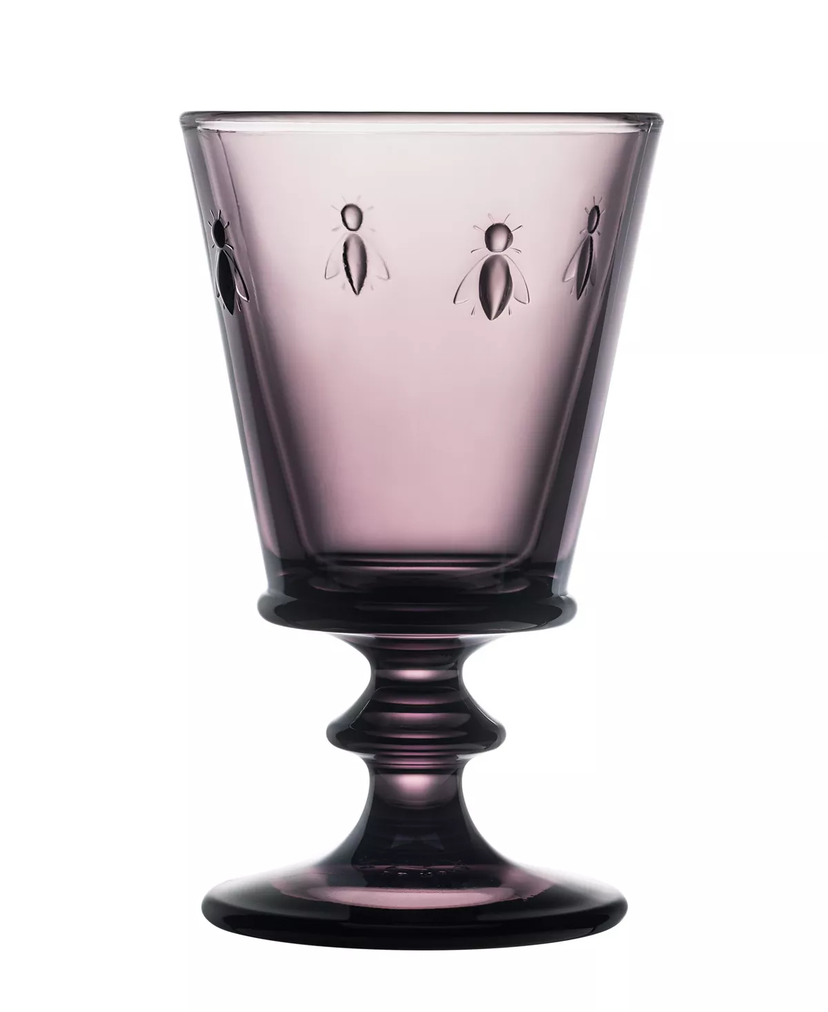 Purple wine glass with small bees engraved into the glasses