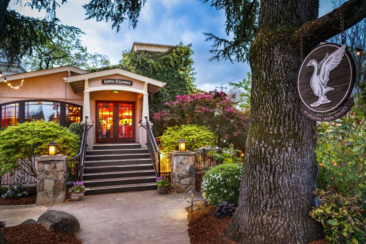 Exterior shot of the Goose and Gander Restaurant in St Helena, CA housed in a historical craftsman