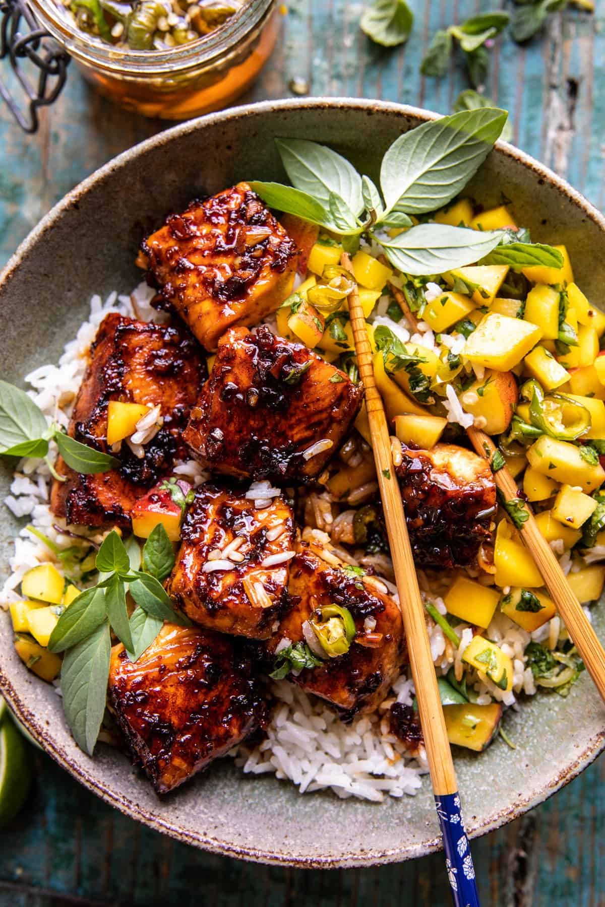Ginger Honey Grazed Salmon with rice and mango