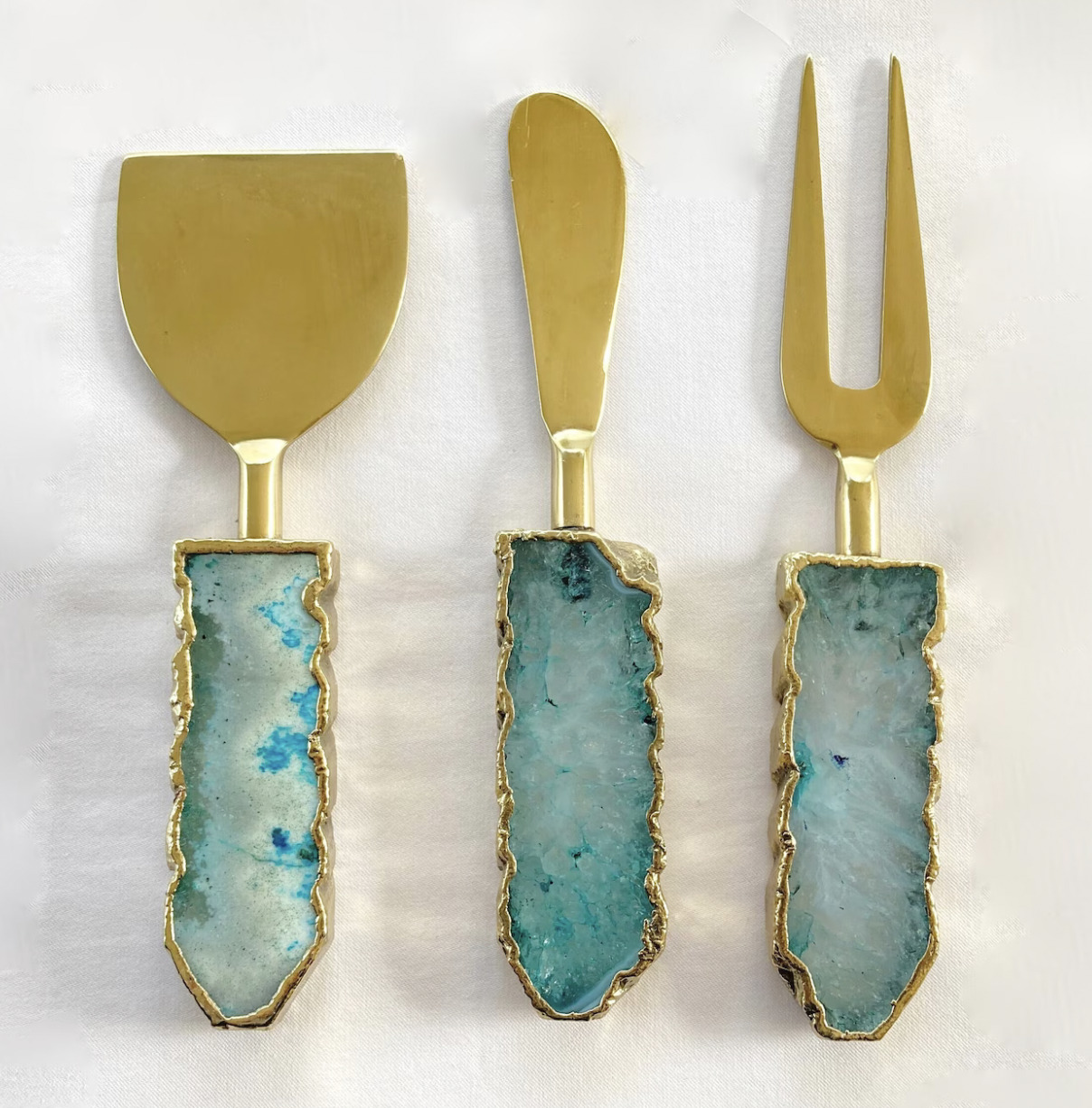 Three aqua agate cheese knife set