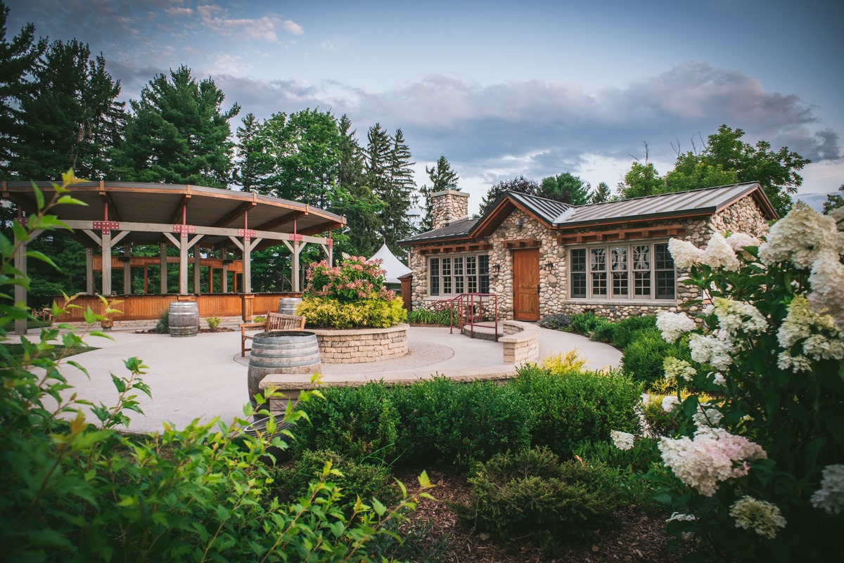 Outdoor patio seating at Shady Lane Cellars on Leelanau Peninsula in Michigan