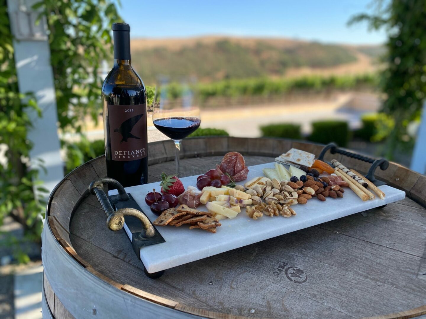 Wine and cheese platter overlooking vineyard