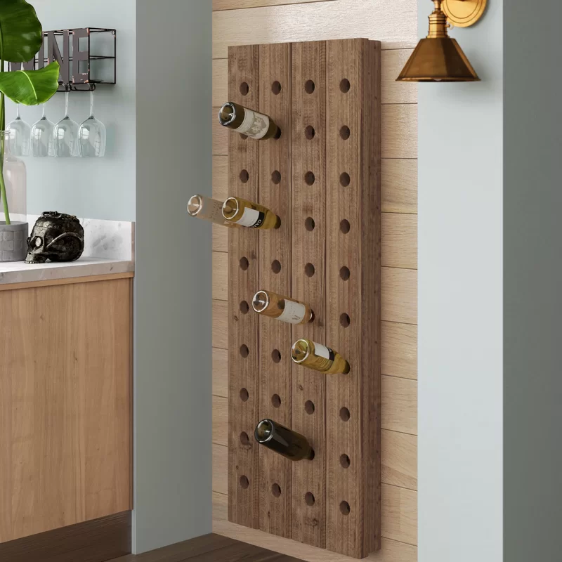 40 bottle mounted wine rack hung on wall near kitchen