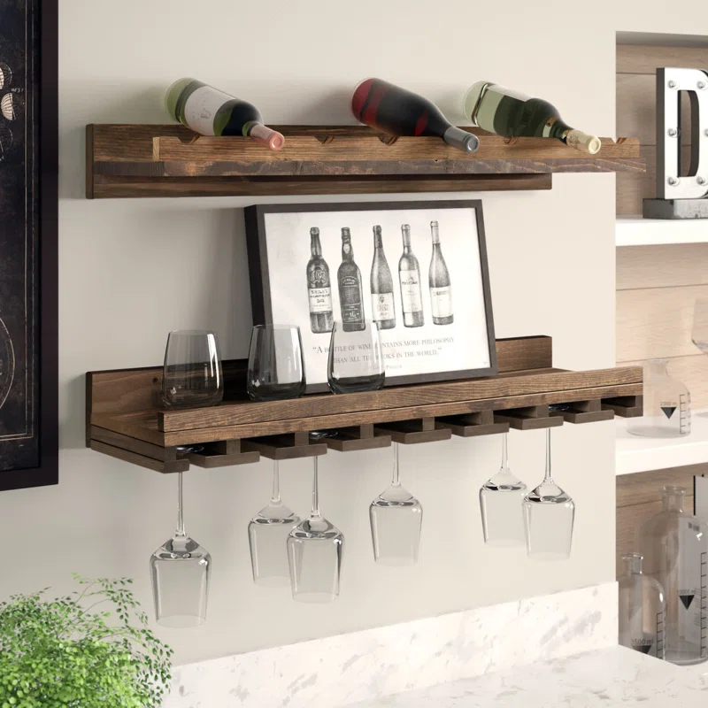 Floating wine rack shelving with space for bottles and stemmed glasses