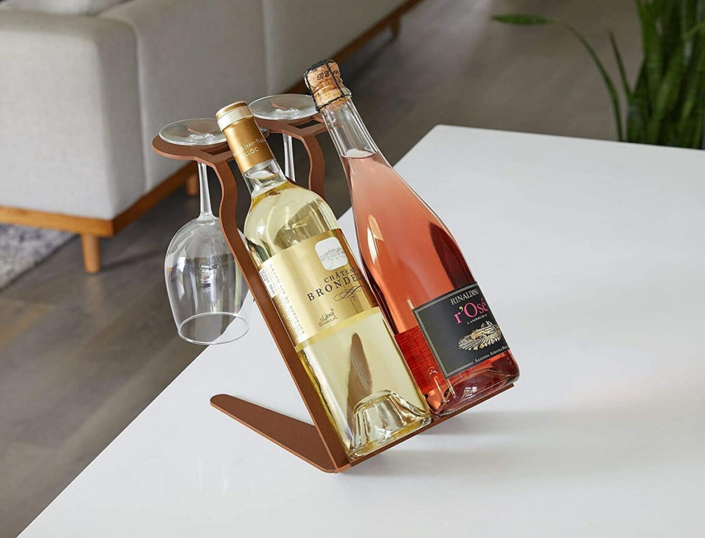 free-standing rack to hold two bottles and two glasses