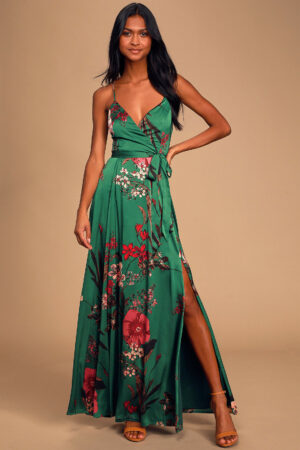 Emerald Floor-Length Silk Dress in Floral pattern