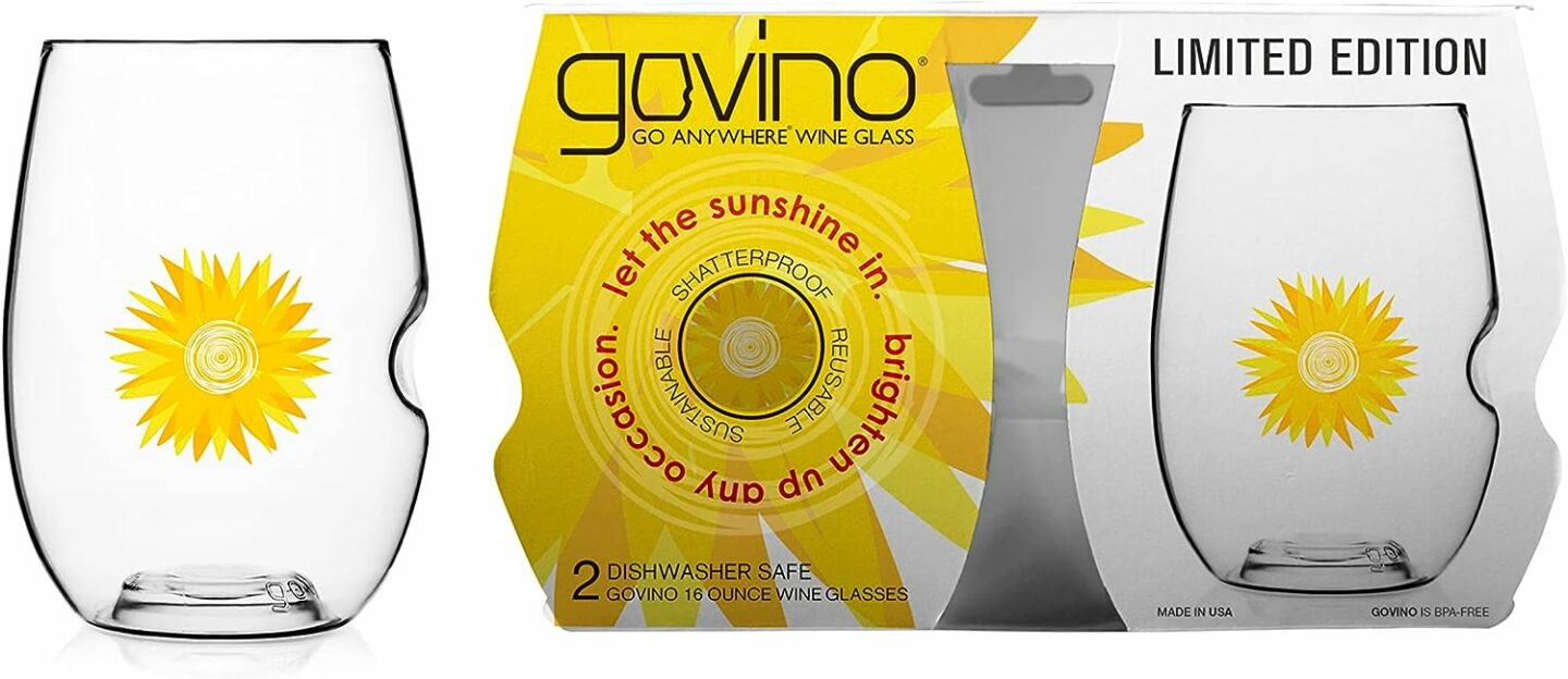 Two stemless wine glasses in a limited edition sunburst pack