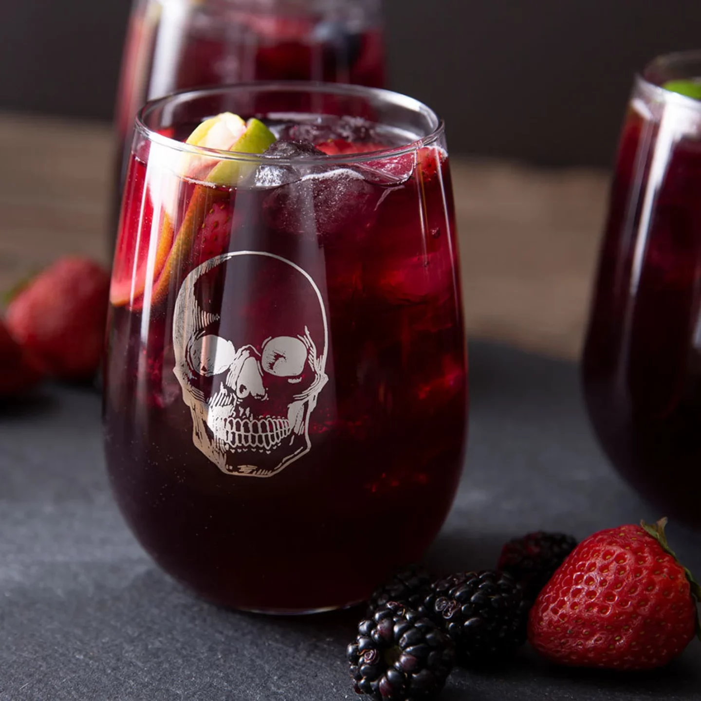 Set of spooky stemless wine glasses