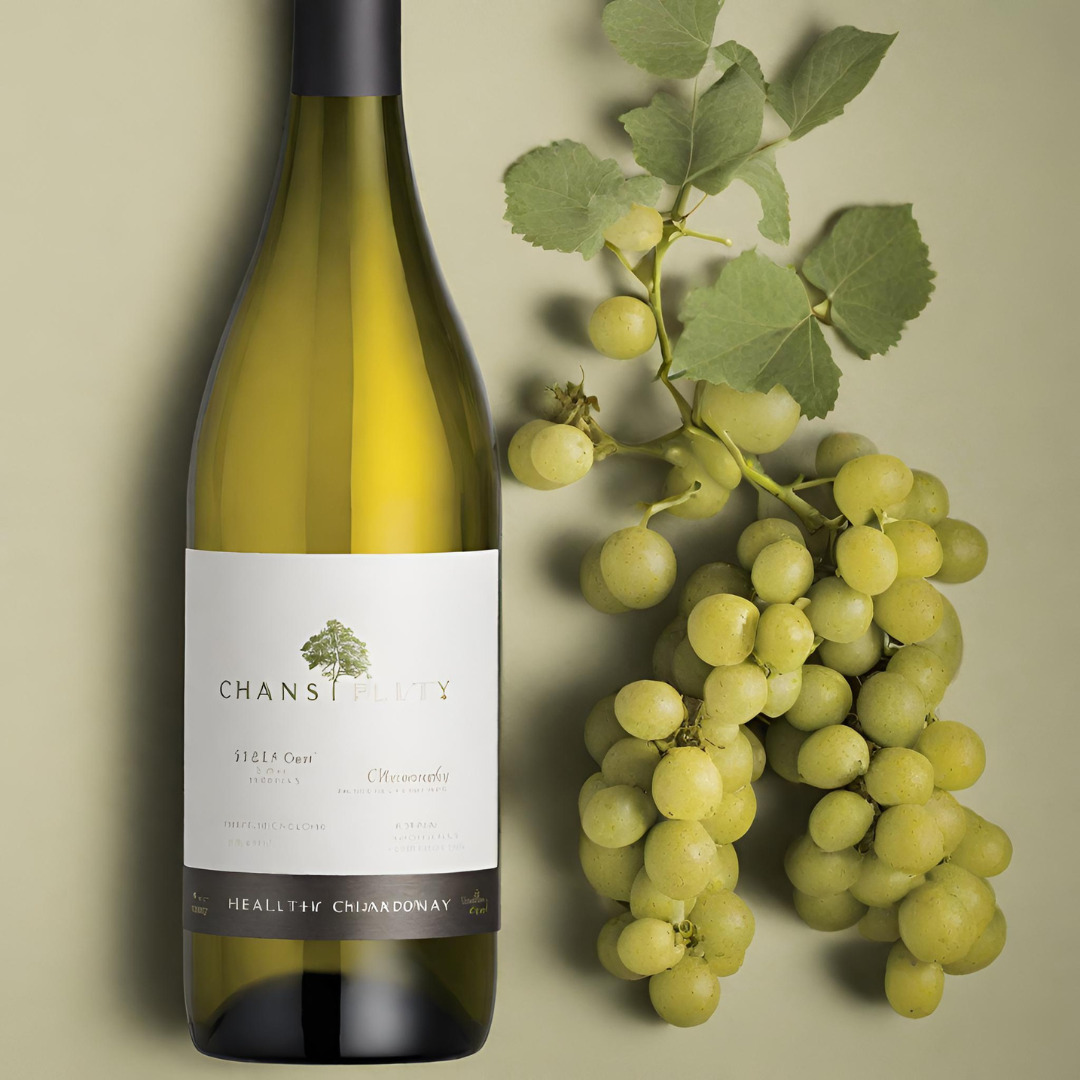 A bottle of healthy Chardonnay next to a bunch of grapes
