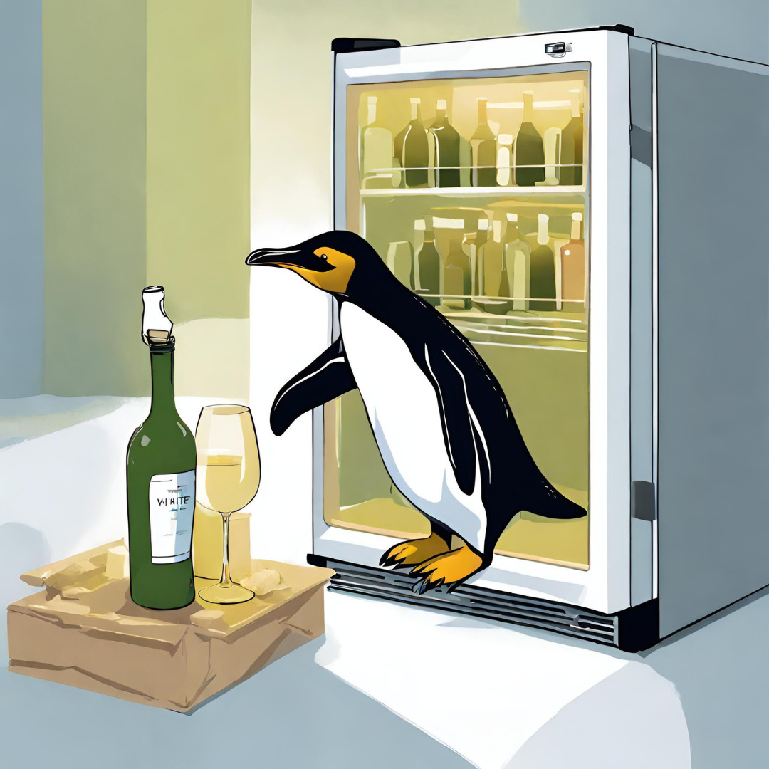 Cartoon penguin taking Chardonnay out of fridge to chill it