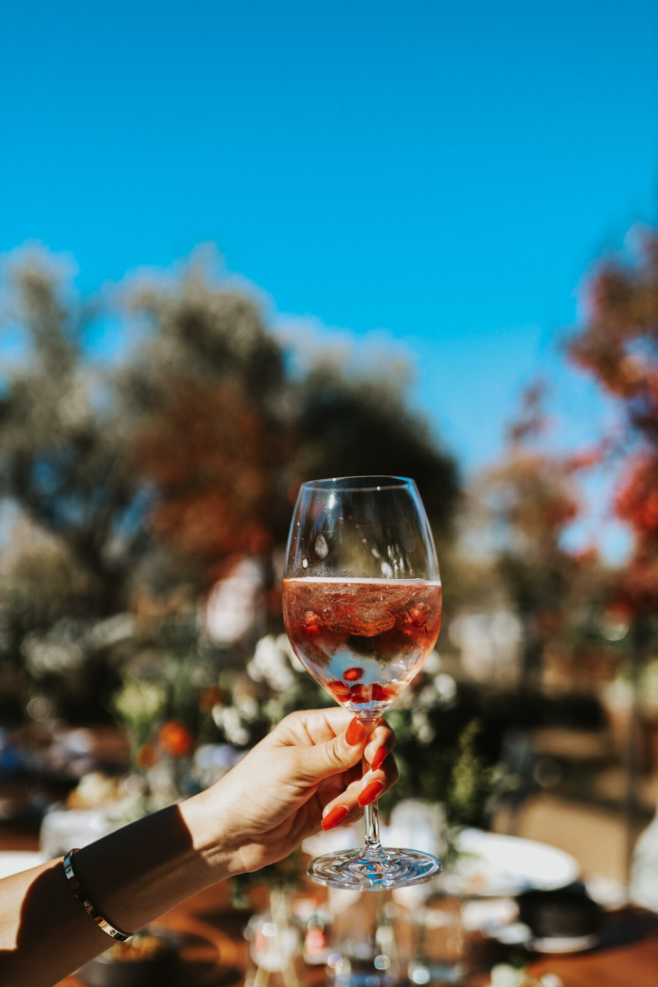 A hand holding a glass of pink wine