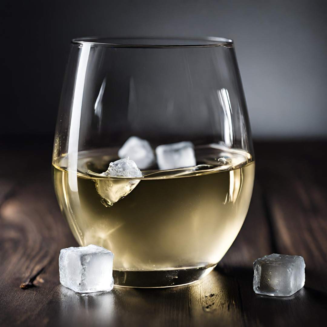 Chardonnay with ice cubes in stemless wine glass