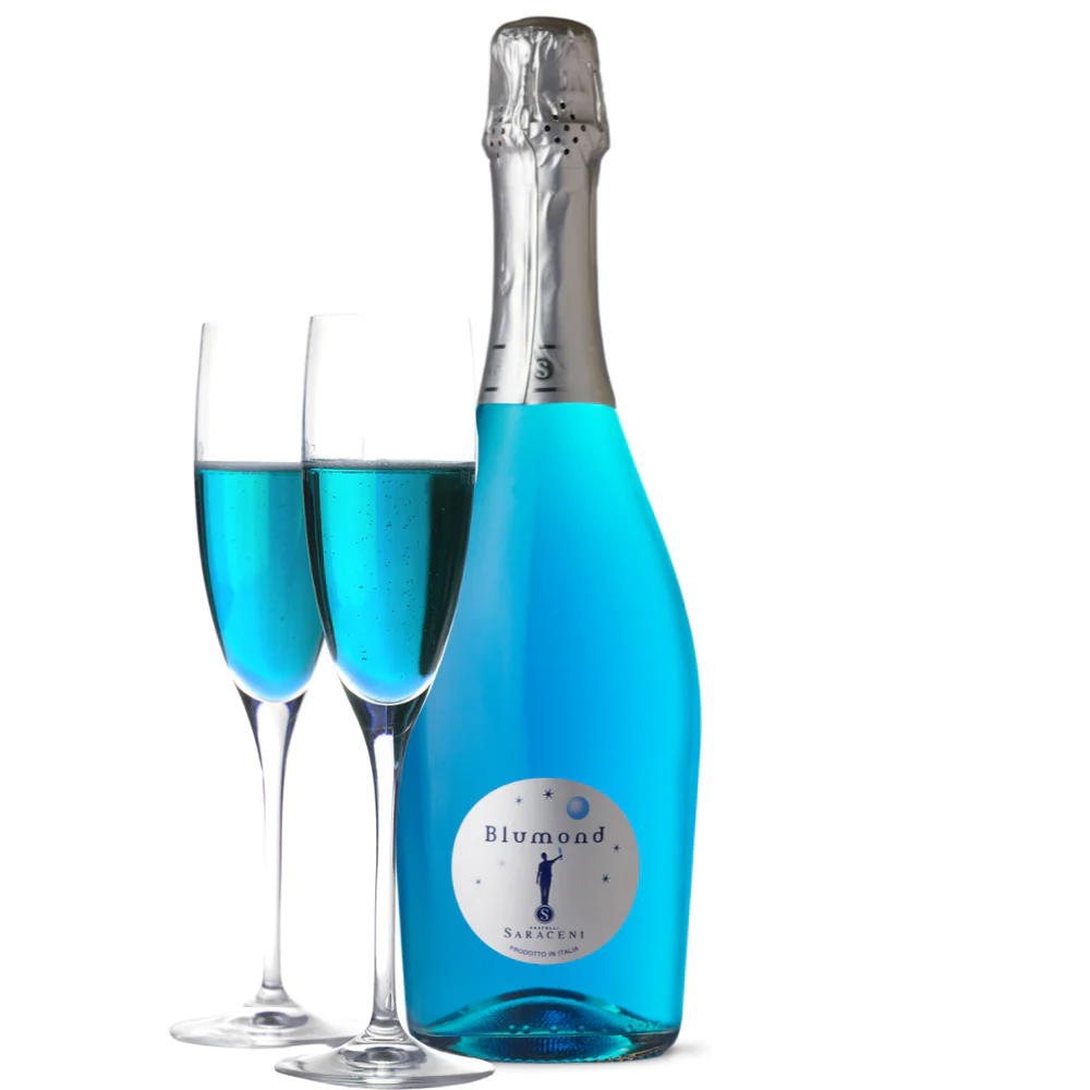 Blumond Blue Bubbly bottle and two glasses of blue wine