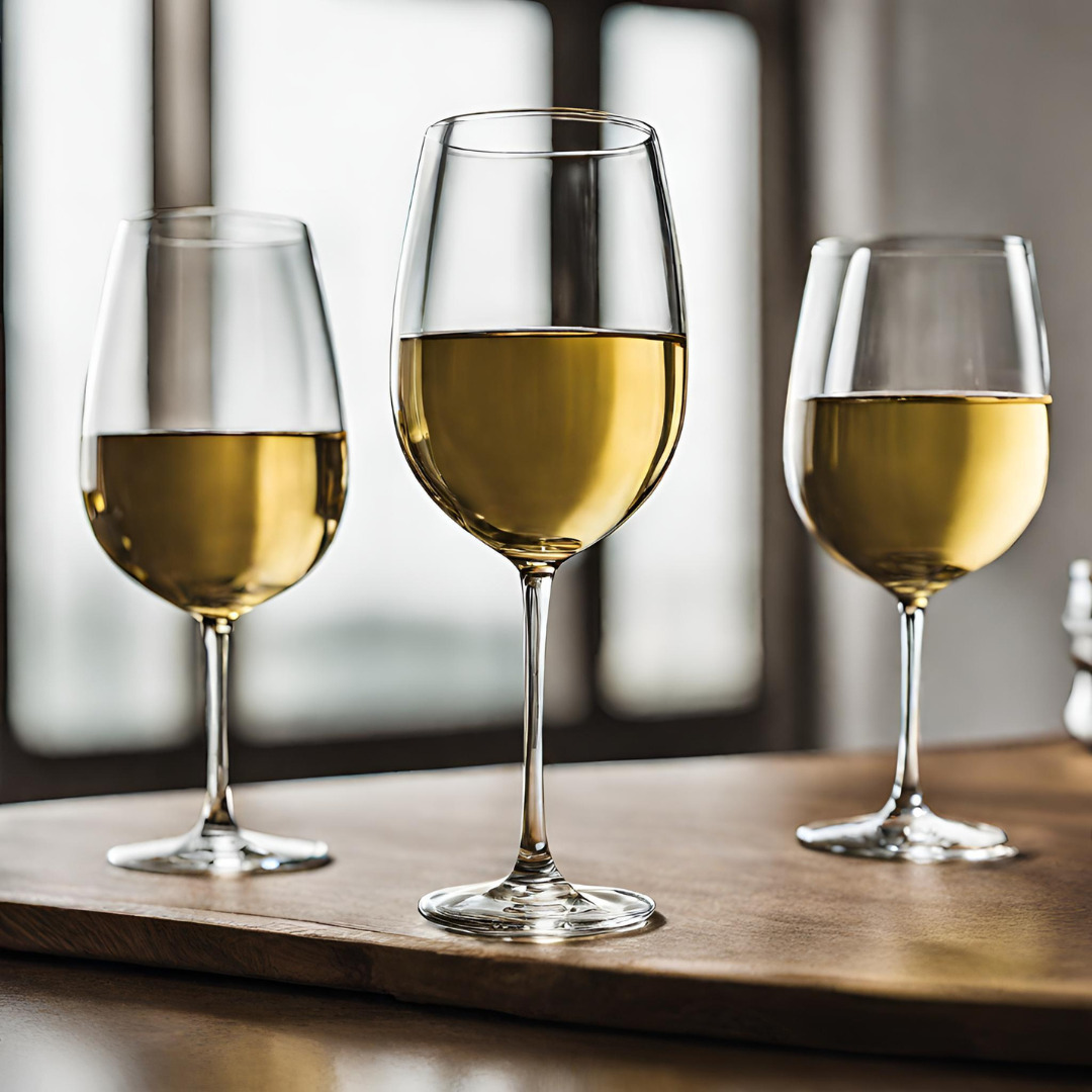 Three glasses of white wine on a table